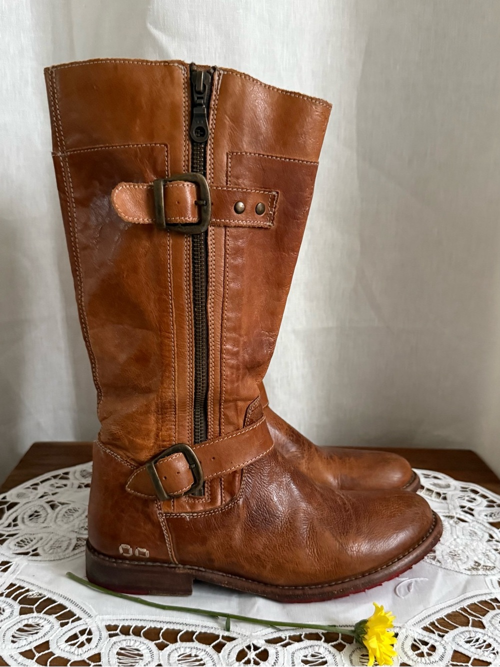 Bed Stu Cobbler Moto Boots 8 Cognac Leather Tall Double Buckle Equestrian